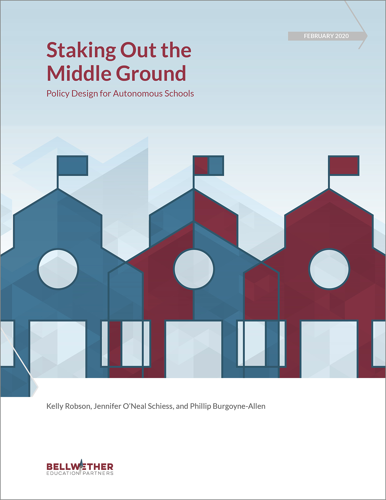 cover of Bellwether report "Staking out the Middle Ground: Policy Design for Autonomous Schools from Feb 2020, features graphic of three school buildings with different but overlapping colors
