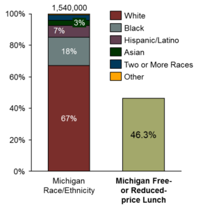 Demographics of Michigan K-12 students by race/ethnicity, family income. Source: MISchoolData.org 