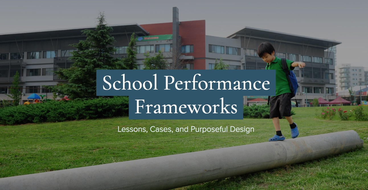 boy walking and balancing on a log with the header for the site "School Performance Frameworks" across