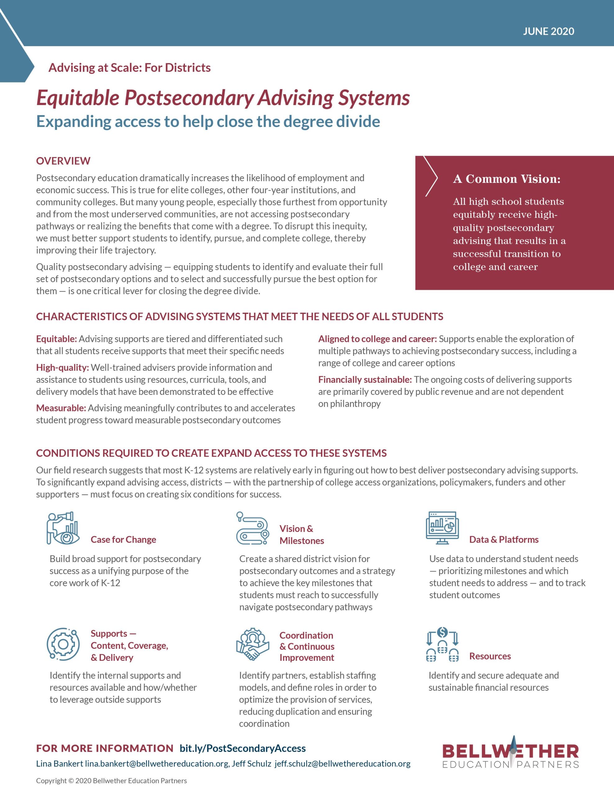 Cover of "Equitable Postsecondary Advising Systems Expanding access to help close the degree divide" tip sheet for districts, by Bellwether Education Partners June 2020