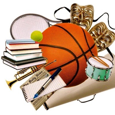 collage of extracurricular activity materials, a basketball, books, newspaper, drama masks