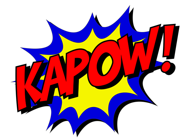 red letters that say "KAPOW" coming out of a blue and yellow comic-style explosion